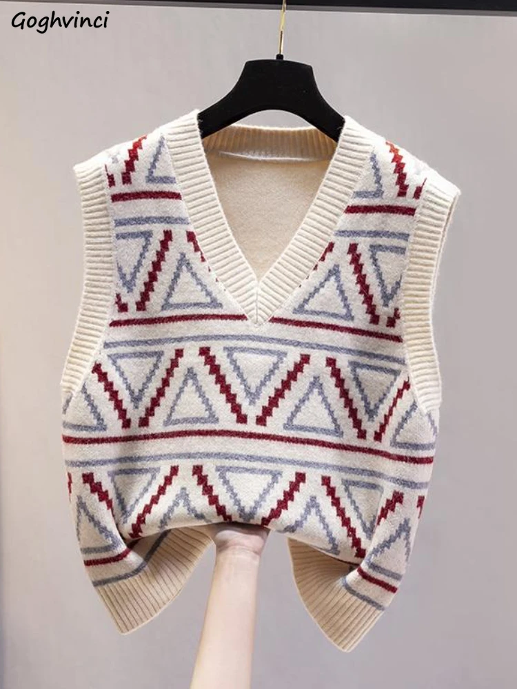 

Sweater Vest Woman Spring Korean Style Chic Fashion V-neck Simple Leisure All-match Elegant Retro Geometric Ladies Soft Loose
