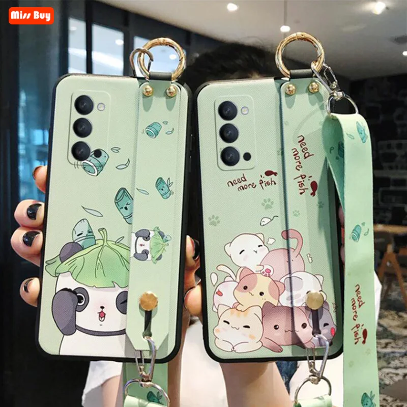 

Cute Cartoom Panda Cat Wrist Band Bracket Crossbody Lanyard Phone Case for OPPO Reno4 Reno 4 Pro Soft Cover Protective Shell