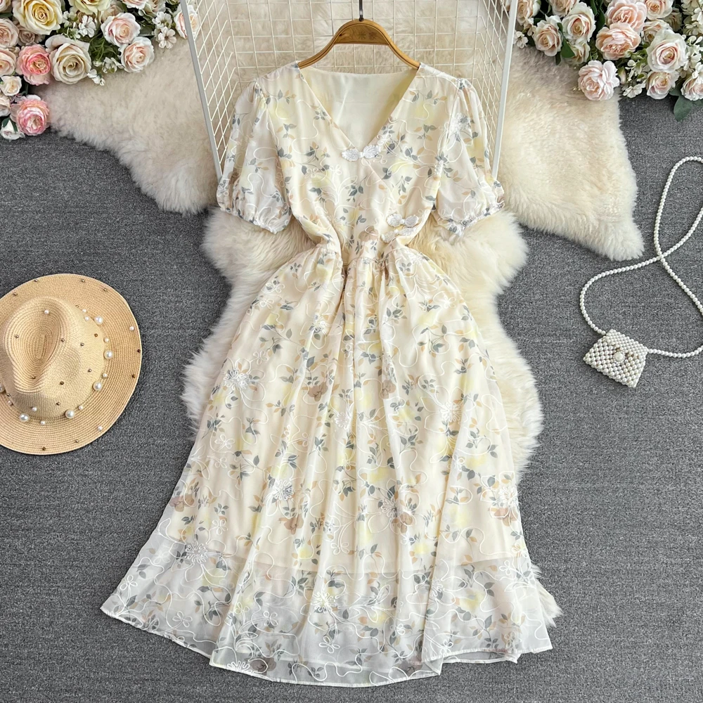

Summer French Vintage Style Bubble Short Sleeve V-Neck Wrapped Waist Slim A-line Fragmented Flower Dress Temperament Long Dress
