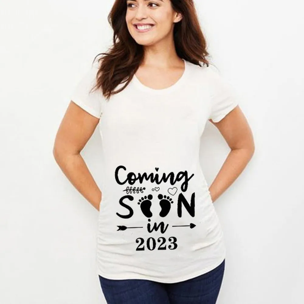 2023 New Maternity T-Shirt Cute Mom Printed Black White Pregnancy Announcement Tops Tee Pregnant T Shirt Women Tshirt