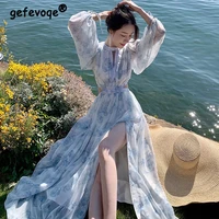 vintage beach floral maxi dress women elegant hollow out korean holiday split dress female casual long sleeve fairy party dress