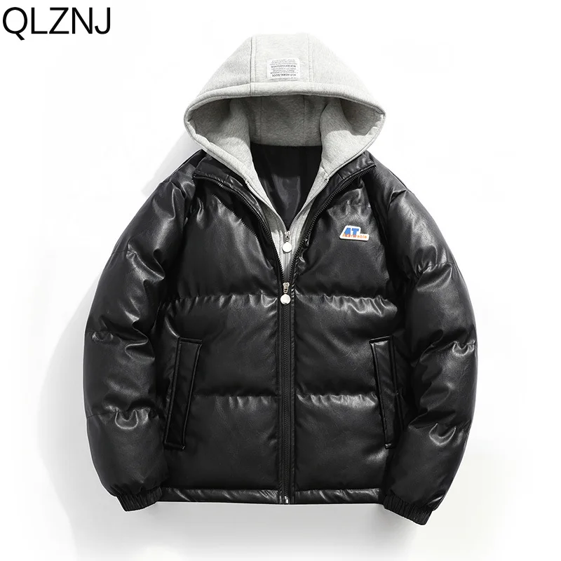 

Зимние теплые пальто из искусственной кожи, мужские парки большого размера с имитацией двух частей и капюшоном, уличная одежда Y2K, черная пуховая куртка унисекс с хлопковой подкладкой