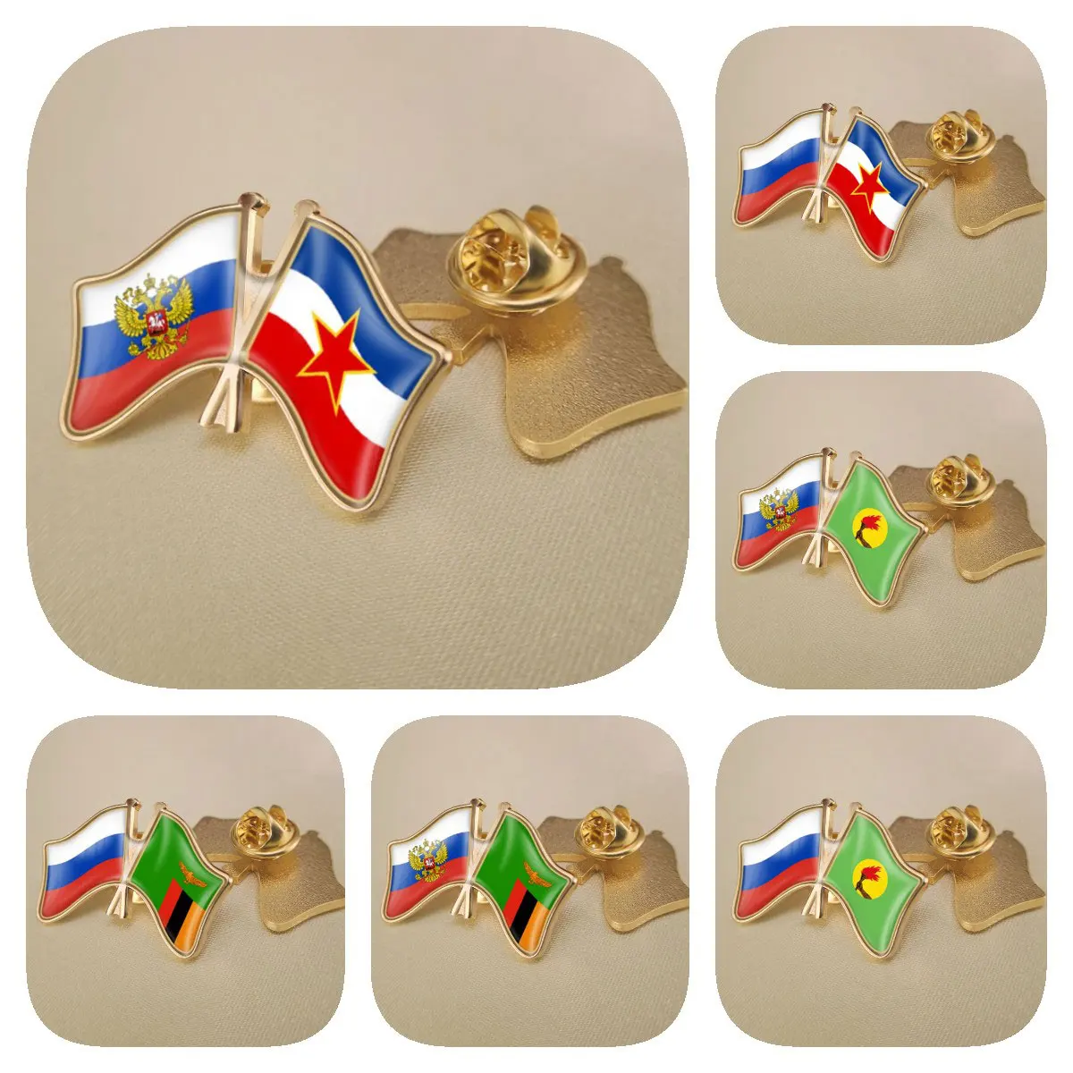 

Russian Federation and Yugoslavia Zaire Zambia Double Crossed Friendship Flags Brooches Lapel Pins Badges