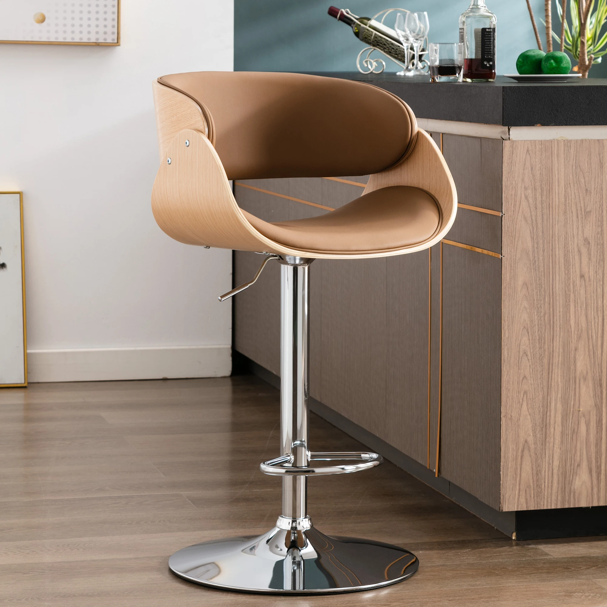 [Flash Sale]Adjustable/Swivel Bar Stool PU Leather Ecru Bent Wood Bar Chair[US-Stock]