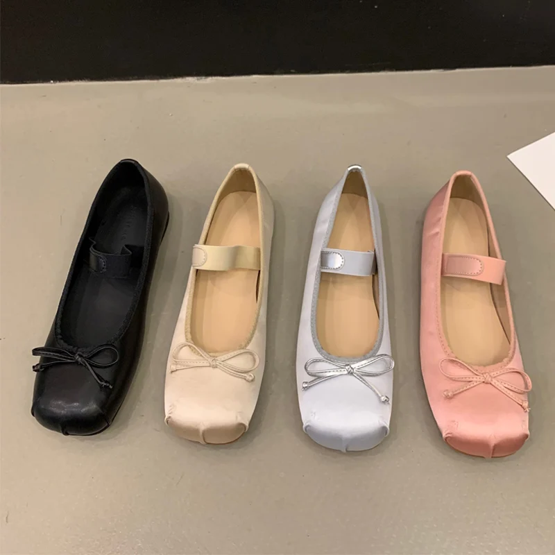 Luxury Satin Silk Ballet Shoes Woman Classic Square Toe Bowtie Elastic Band Ballerina Flats Ladies Soft Loafers