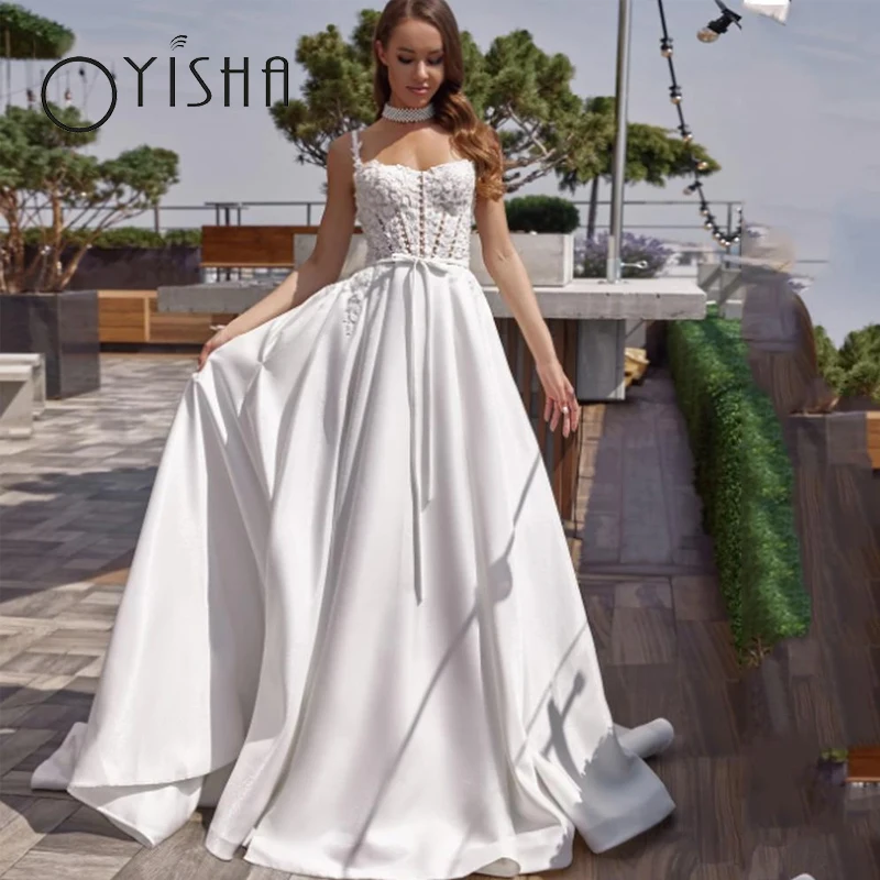 

OYISHA Elegant Satin Robe De Mariée Illusion Lace Appliques Pearls Bridal Gown Spaghetti Strap Sweetheart Princess Wedding Dress