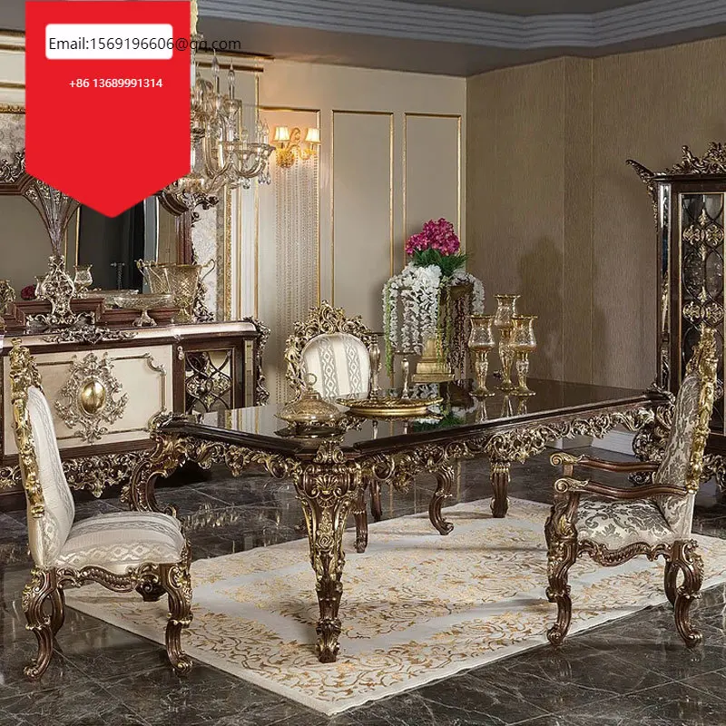 

Custom European solid wood hand carved French court luxury art dining table chair combination dining room furniture