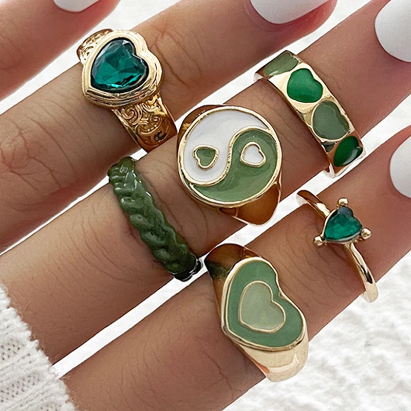 

6Pcs/set Green Zircon Heart Rings for Women Y2K Tai Chi Yin Yang Gold Metal Enamel Ring Vintage Gothic HipHop Party Jewelry Gift