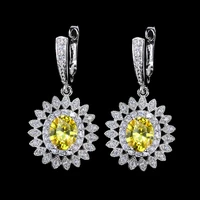 noble silver color stunning yellow cubic zirconia stone women long sun flower drop earring with easy clasp