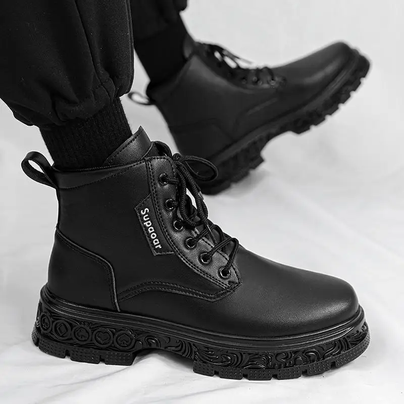 

Black Martin Boots Men's Autumn 2023 New British Style High-Top Motorcycle Worker Boot Men's Height Increasing Men's Leather Boo