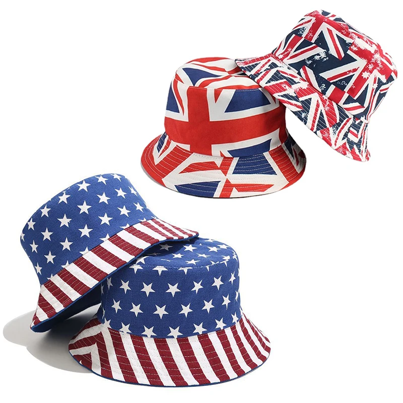 

New Unisex Cotton Panama Bucket Hats USA Flag Embroidered Double-sided Wearing Outdoor Printed Sunscreen Fisherman Hat Beach Cap