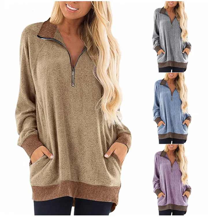 

Women's casual sweater Women's chest zipper casual pockets long-sleeved sweater T-shirt