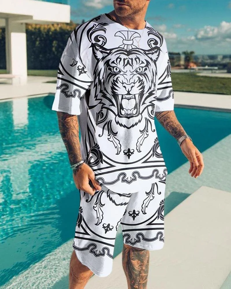 

New Summer Men's O-Neck Short Sleeves+Shorts Roaring White Tiger 3D Printed Pattern Fashion Leisure Loose T-Shirt Set Beach Wear