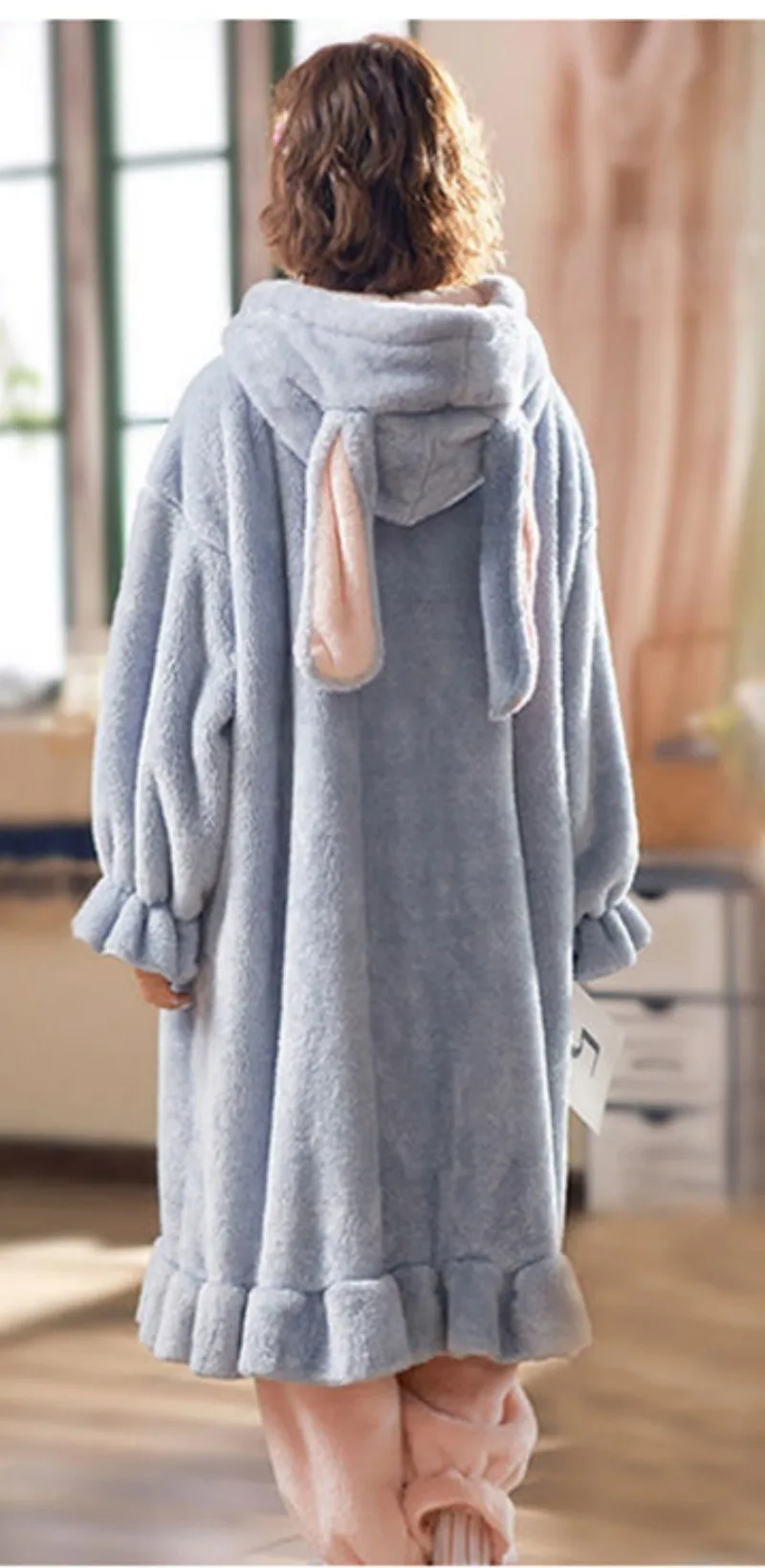 Girl's Winter Thin Nightgown Suit Length To Shank Polyester Warm Comfortable Blue Pink Long Ear Rabbit Sweet Leisure Wear