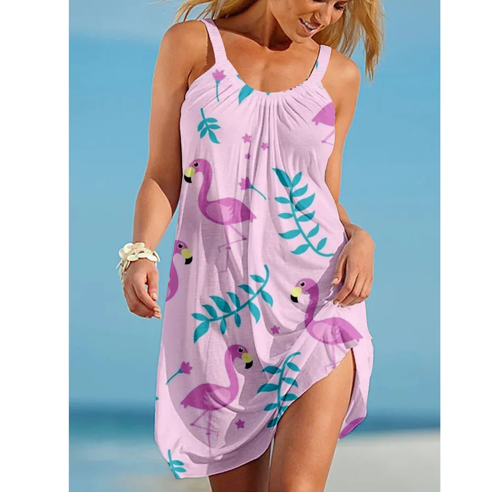 Summer Sexy Beach Dress Flamingo 3D Print Women's Mid Length Sling Dress Streetwear Boho Women Fashion Loose O Neck Dress