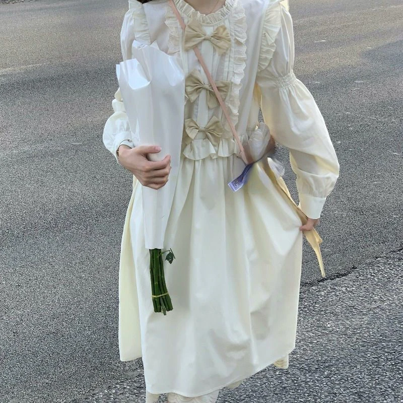 

Hikigawa 2023 Ruffled Patchwork Causal Women Dress All Match Bow Patchwork Dresses Sweet Chic Fashion Elegant Vestido De Mujer