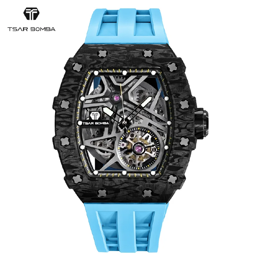 

TSAR BOMBA Mens Automatic Watch Carbon Fiber WristWatch Luxury Sapphire Glass Skeleton Clock Tonneau Mechanical Watch for Men
