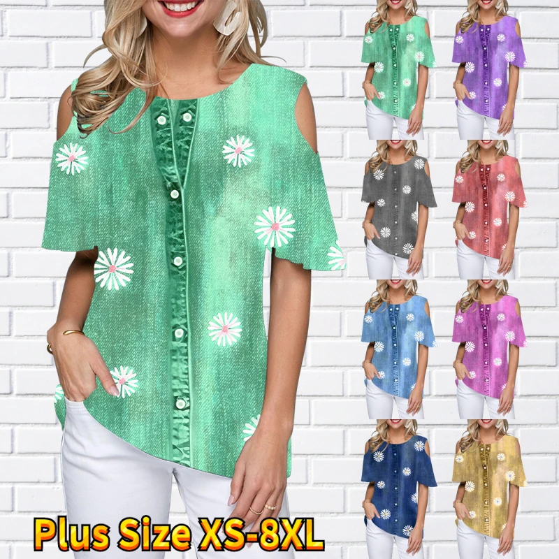 

2023 Women Pullover Daily Street Round Neck Summer Flower Print Size Pullover Off-the-shoulder T Shirt Oversized Short Sleeve
