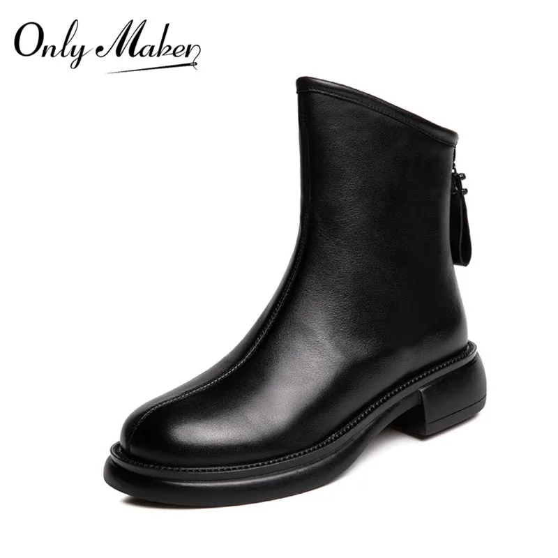 Купи Onlymaker Ankle Boots Genuine Leather Women Pointed Toe Black Winter Woman Fashion Female Winter Warm Zip Boots Shoes за 3,719 рублей в магазине AliExpress