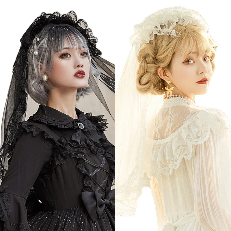 

449B Retro Gothic Lolita Veil Black White Brides Lace Veil Headdress One-layer Lace Wedding Veil for Engagement Anniversary