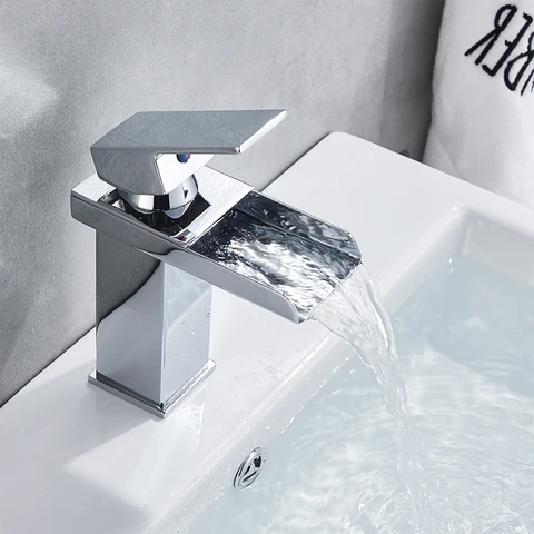 Черный/серебристый водопадный смеситель с широким горлышком, раковина из нержавеющей стали, смеситель для горячей и холодной воды с одним отверстием для домашней ванной комнаты