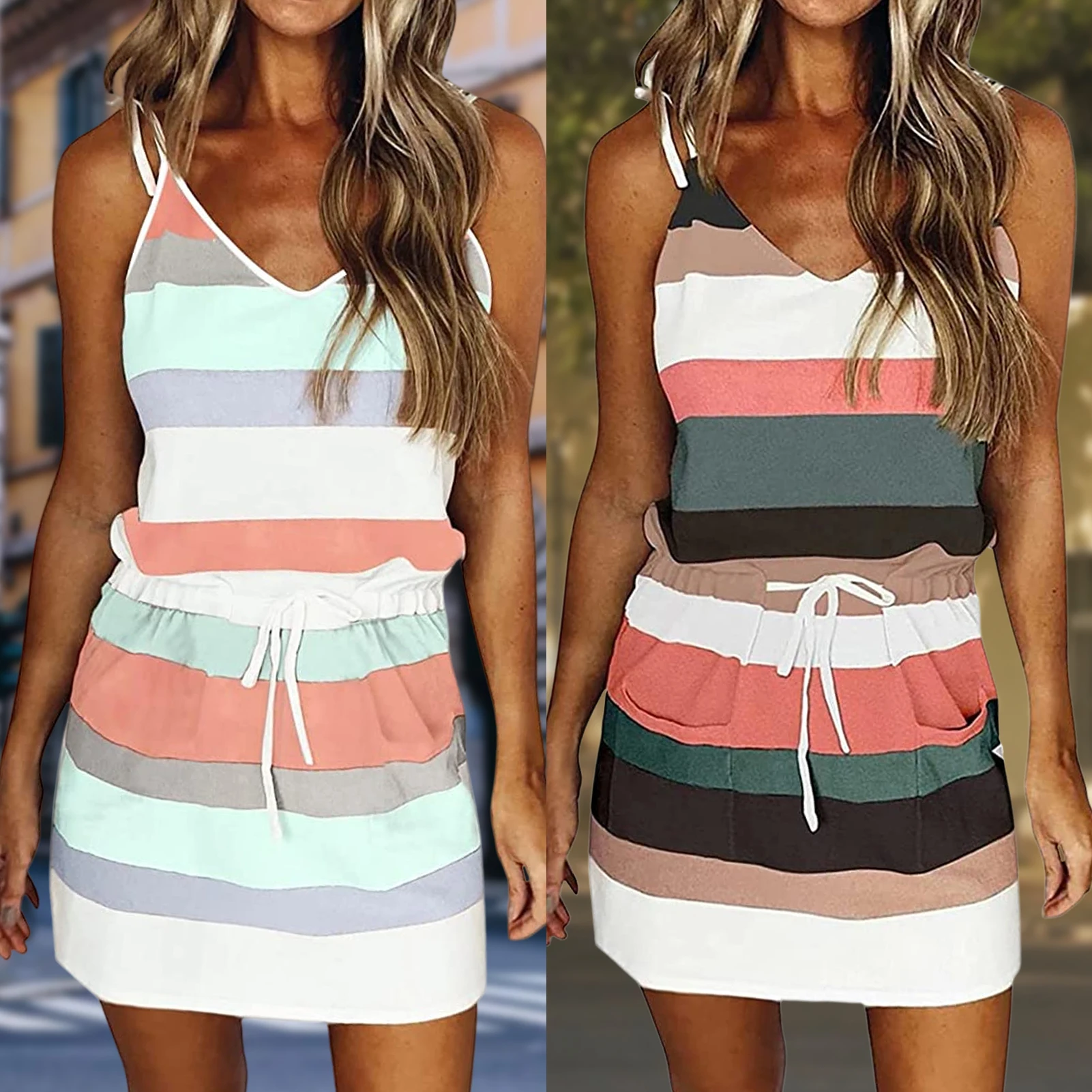 

Платье женское на бретельках-спагетти, модное повседневное свободное пляжное с принтом в полоску, без рукавов, с завязкой на талии, с карманами, для отпуска