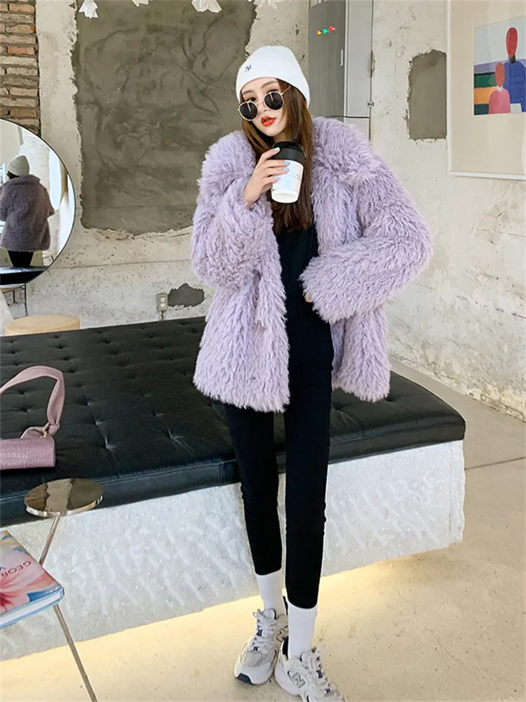 Elegant Violets Fur Coat Women Winter New Imitation Lamb Wool Coat Fashion Streetwear Lapel Single-breasted Jacket LR2340