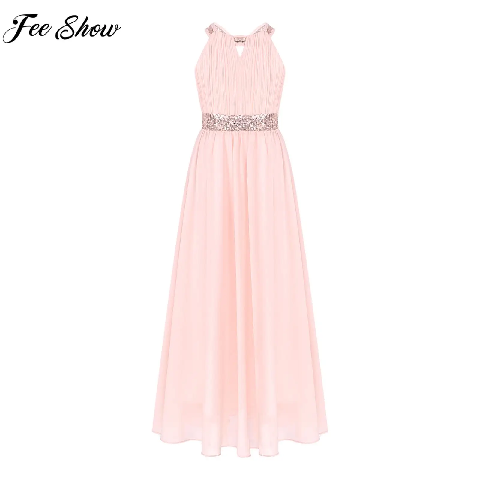 

4-14Y Girls Elegant Chiffon Ruched Princess Party Dress Sleeveless Sequin Formal Floor-length Wedding Birthday Evening Dresses