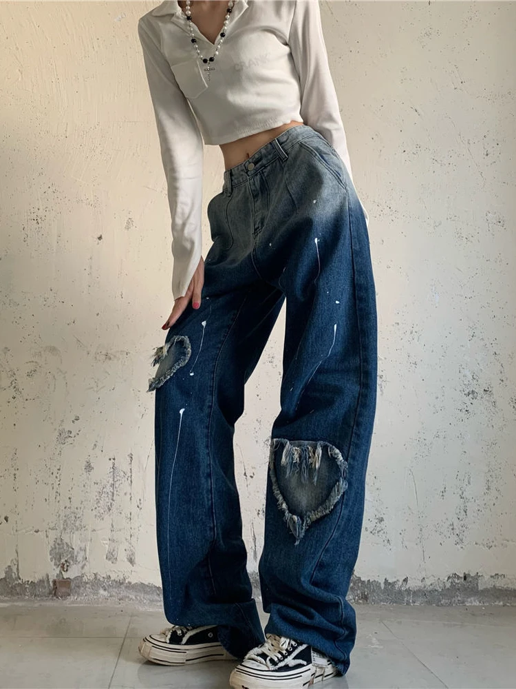 

Contrast Color Pants High Waist Zipper Casual Loose Spring Autumn Tassel Women Jeans Vintage Preppy Style Sweet Pantalon Femme