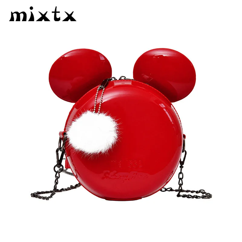 

2022 Women Mickey Hairball Crossbody bag Patent Leather Sweet Girl Lovely Small Round Packages Handbag Alarm Clock Shoulder Bag