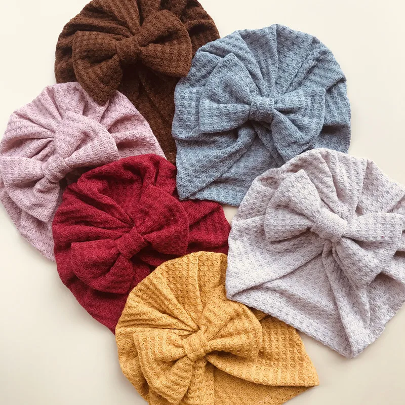 

Solid Waffle Crochet Knitted Bow Baby Hat Turban Infant Toddler Newborn Baby Cap Beanies Headwraps for Baby Girls Boy 0-4T