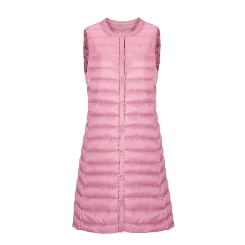 Ultralight Portable Puffer Vest Women Long Collarless 2023 New Autumn Winter Duck Down Waistcoat Sleeveless Button Feather Liner