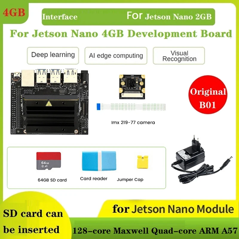 

For Jetson Nano B01 4GB AI Development Kit+IMX219-77 Camera+64G SD Card+Card Reader+Jumper Cap+Power