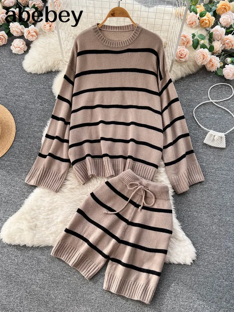 

Autumn Winter 2 Pieces Striped Women's Sets Knitted Tracksuit 2022 New Loose Sweater and Straight Shors Pullover Suits