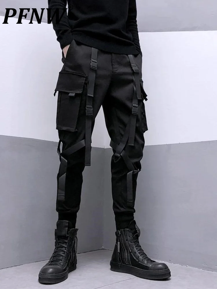 

Darkwear Safari Style Webbin Spliced Caro Pants Men i Street Streetwear Elastic Waist Slim Tactical Tecwear 12A1634