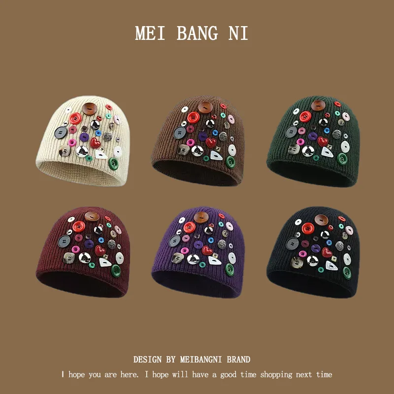 Winter Harajuku y2k Knitted Hats Women Fashion Warm Thick Gorro Multicolored Button Wool Cap Leisure Hip-hop Skullies Beanies