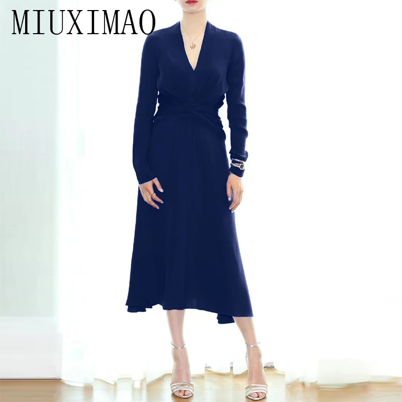MIUXIMAO 2023 High Quality Spring&Summer Elegant Dress Long Sleeve V-Neck Solid Fold Belt Fashion Long Dress Women Vestide