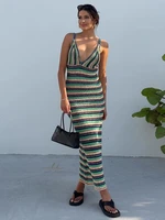 sexy v neck striped knitted beach maxi dress for women 2022 summer elegant party club holiday dresses casual bodycon vestidos