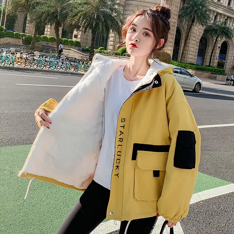 

Women Korean Style Loose Warm Hooded Casual Jackets Winter Thickening Cashmere Biker Jacket Street Wear Big Pocket Windbreaker