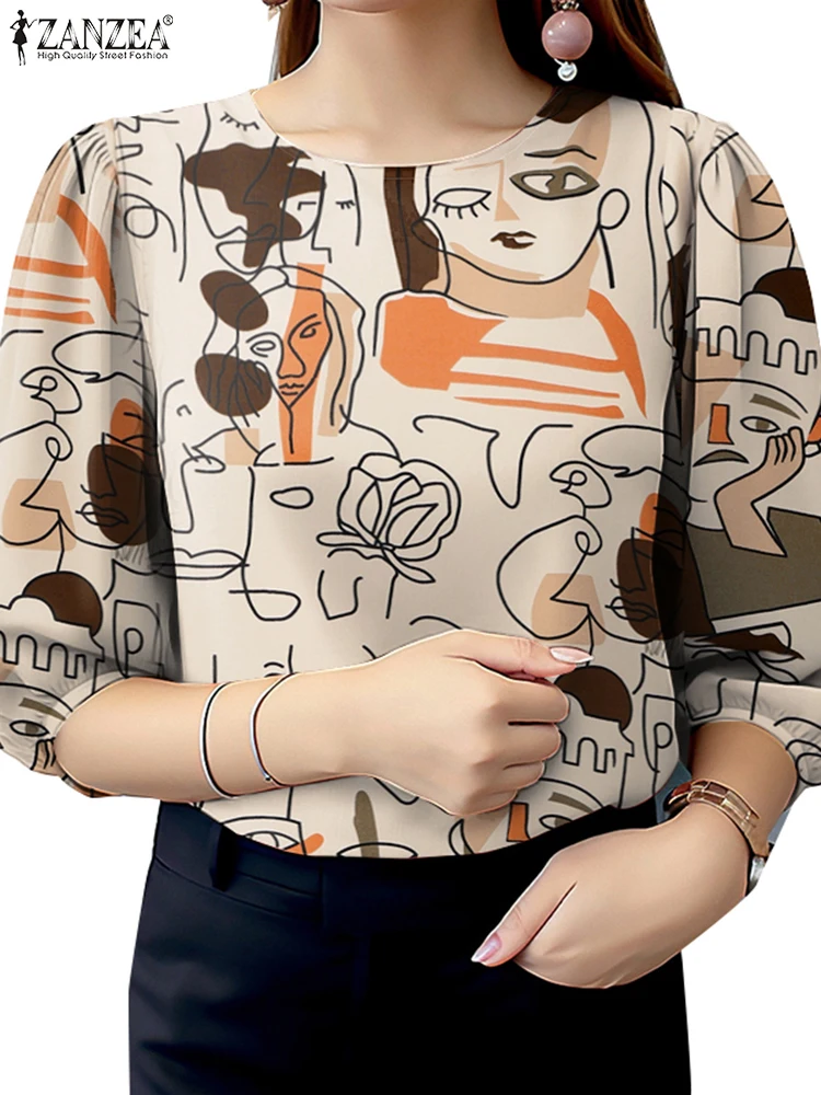 ZANZEA Bohemain Printed Blouses Summer Fashion Women Shirt Female Elegant Work Tops Mujer Casual O Neck 3/4 Sleeve Blusas Tunic