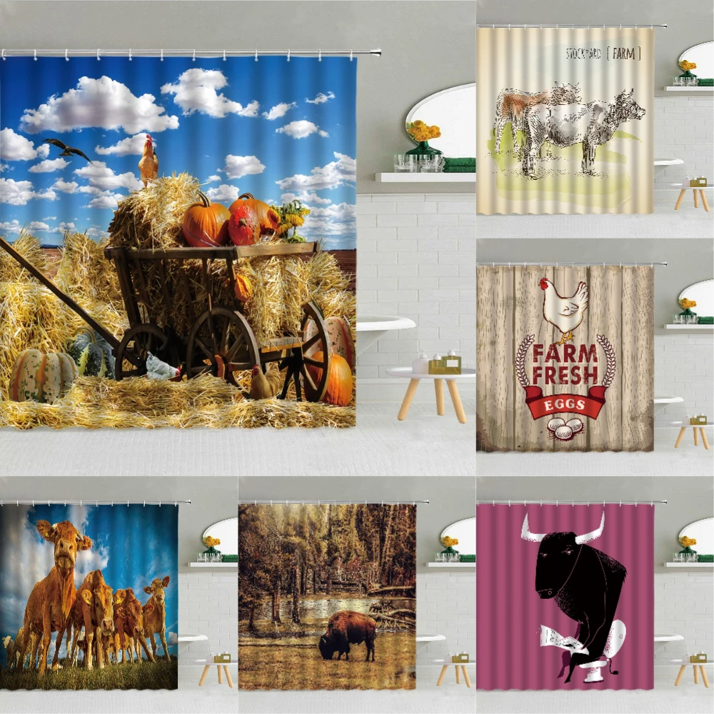 

Animal Farm Scenery Shower Curtain Chicken Pumpkin Blue Sky Bathroom Decor Cow Sheep Easter Waterproof Fabric Curtains