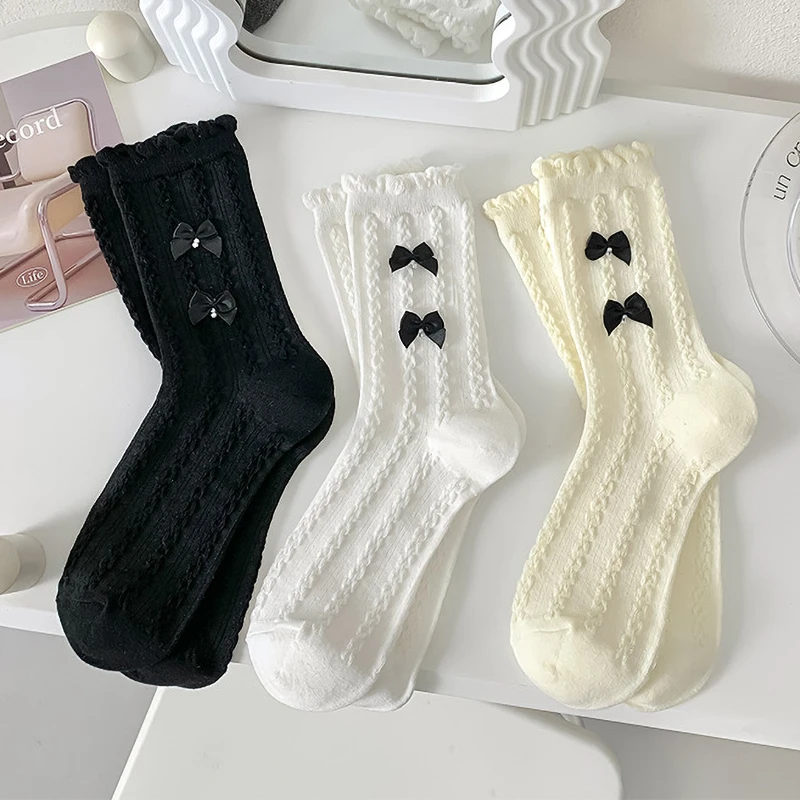 

JK Japanese Bowknot Ruffles Lace Frilly Women School Stockings Lolita Sweet Cotton Girls Cute Kawaii White Short Ankle Socks