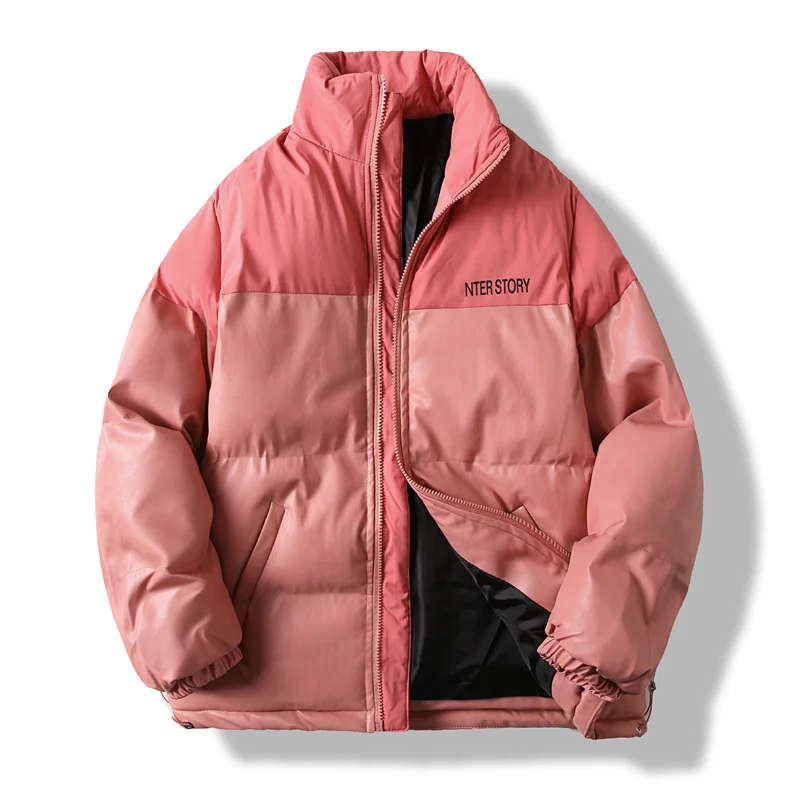 Winter Men'S Pu Leather Cotton Clothes New  Brand Fake Two Thick   Hooded Coat Fashion Comfortable  Warm Jacket Black Pink