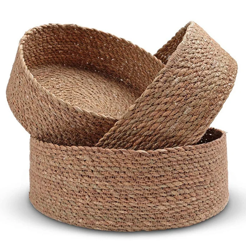 

3PCS Woven Round Seagrass Basket Tray Set For Home Decorative Storage Baskets For Organizing And Storage