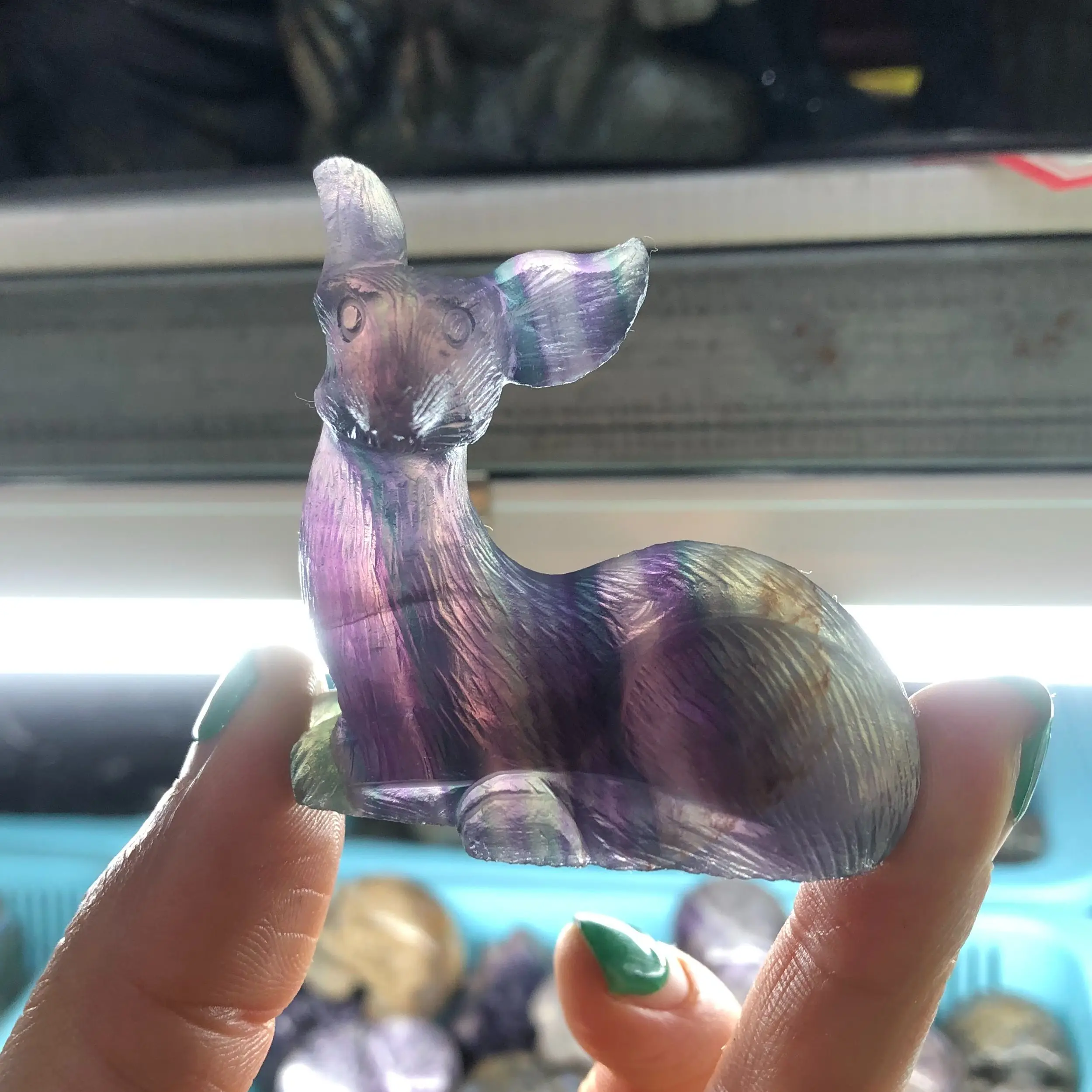 

Natural Colored Fluorite Deer Rabbit Statue Healing Crystal Animal Stone Carving Decorations