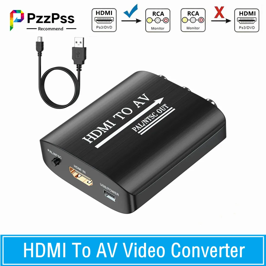 

PzzPss HDMI-compatible To AV Video Composite Converter Box HDMI-Compatible to RCA AV/CVSB L/R Video HD 1080P Support NTSC PAL