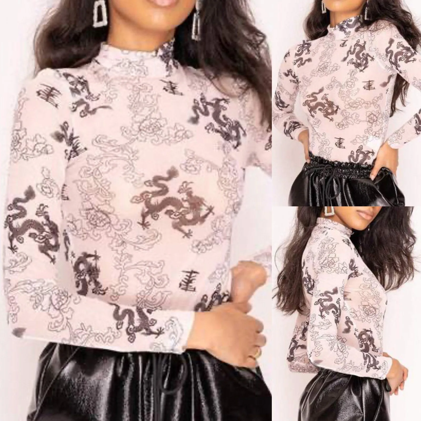 

Women's Sexy Bottoming See-Through Printing Jumpsuit Long-Sleeved Women's Jumpsuit Long Sleeve Jumpsuits for Women Elegant