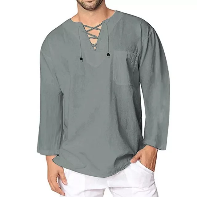 

NEW IN KB Cotton Linen Shirt Men Brand New Long Sleeve Casual Lace Up Shirts Mens Lightweight Breathable Top Blouse Chemise