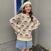 kawaii strawberry embroidery knitted sweaters sweet girls autumn winter o neck warm loose casual pullovers chic student jumpers