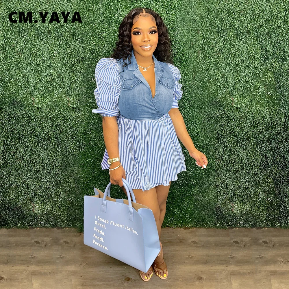 

Женское джинсовое платье в полоску CM.YAYA, летнее элегантное платье с пышными короткими рукавами и широкой юбкой в стиле пэчворк, 2022